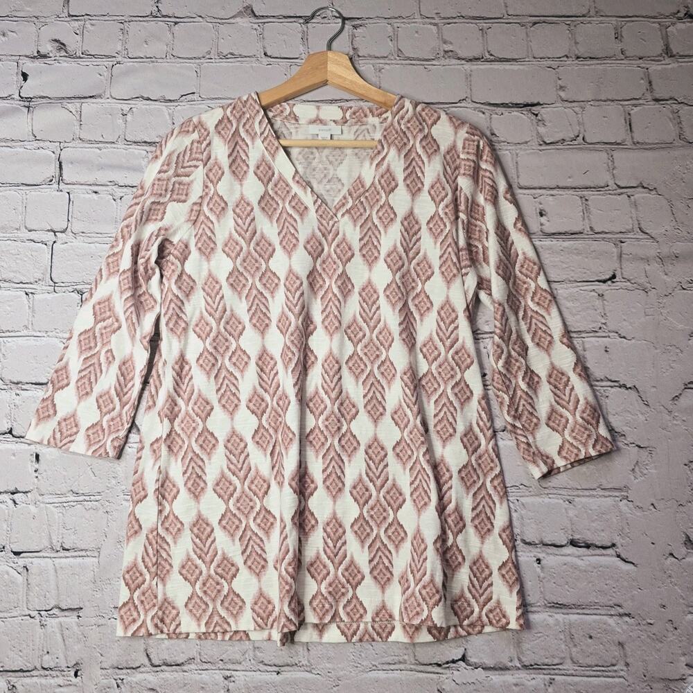 Pure J Jill 100% Cotton 3/4 Sleeve Ikat Diamond Print White Red Top Size Small
